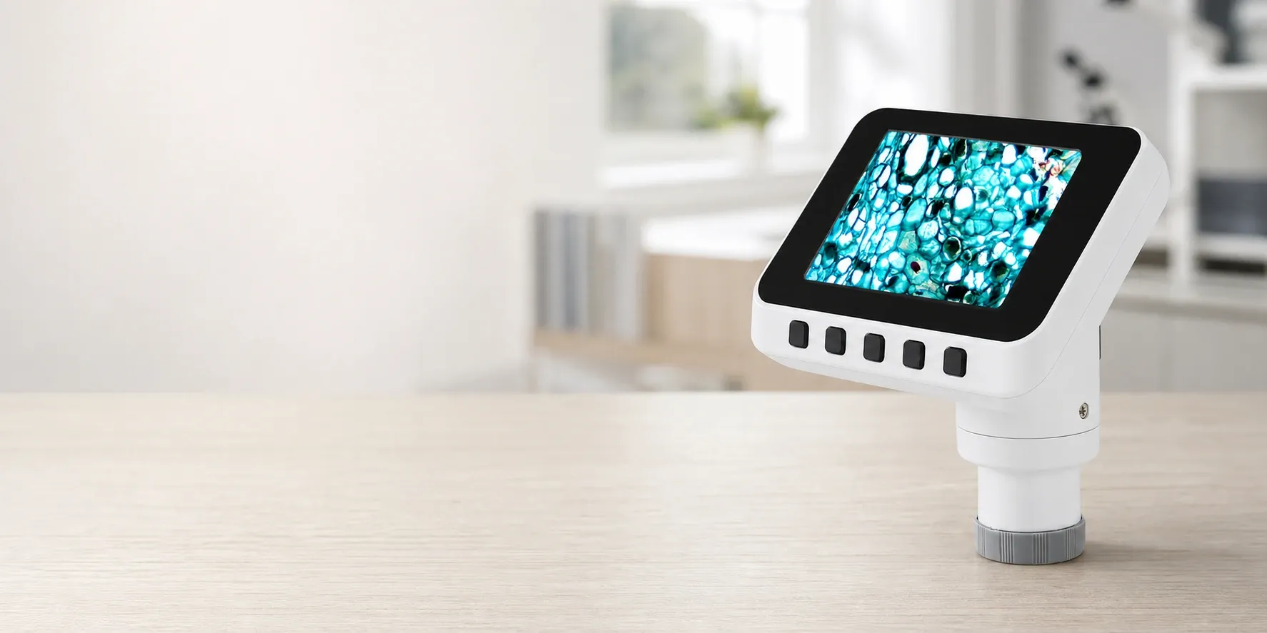 A versatile wireless digital eyepiece displayed on a wooden table, showcasing a vibrant on-screen view of microscopic details, set in a modern indoor environment.