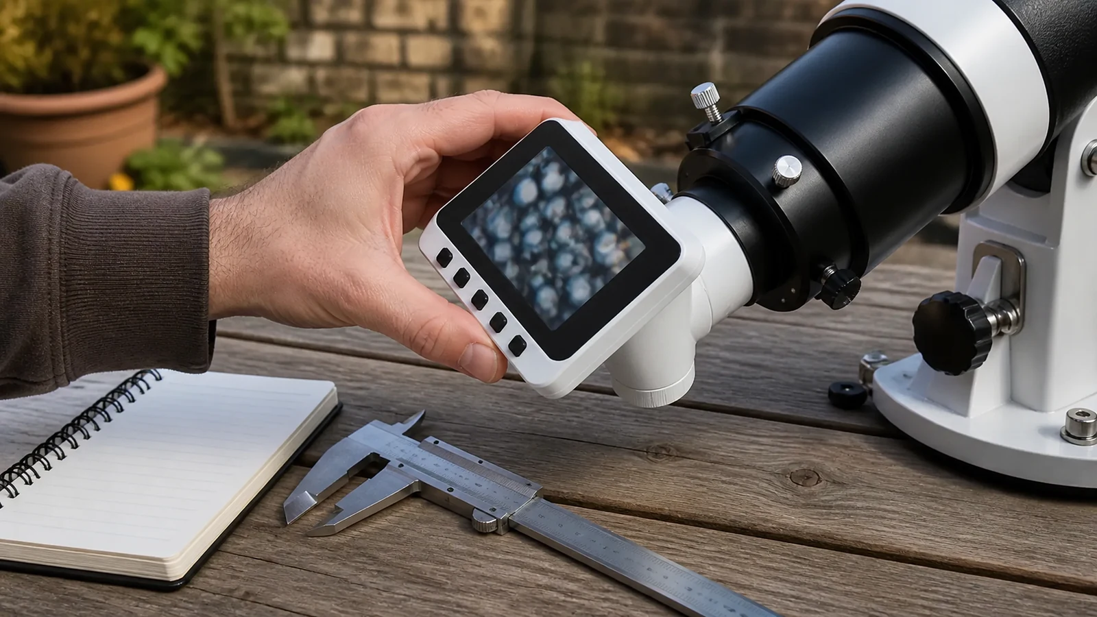 Daylight checklist showing a digital eyepiece barrel being checked against a 1.25-inch telescope focuser