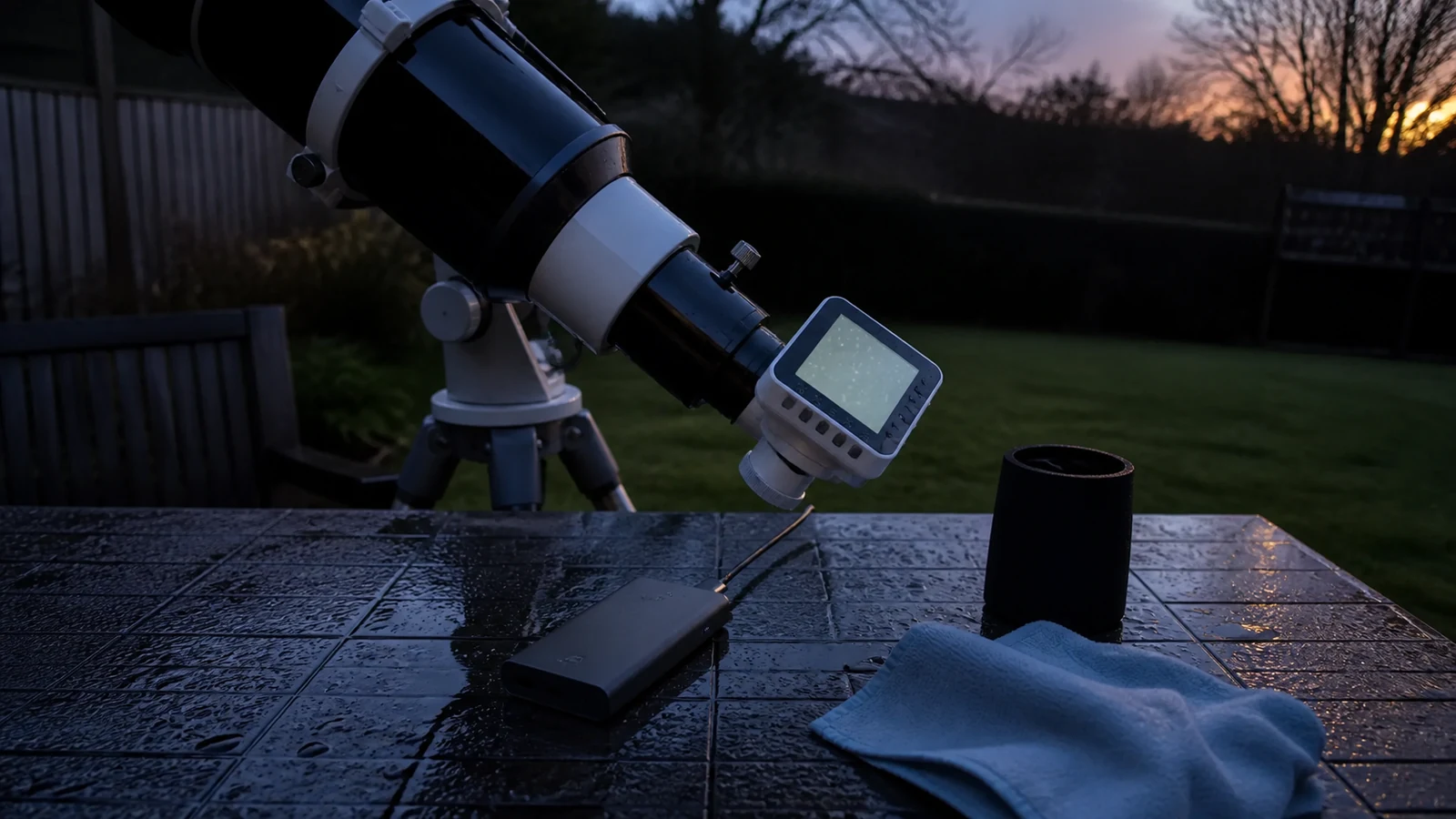 Dusk backyard telescope session with dew risk and portable power planned for a digital eyepiece