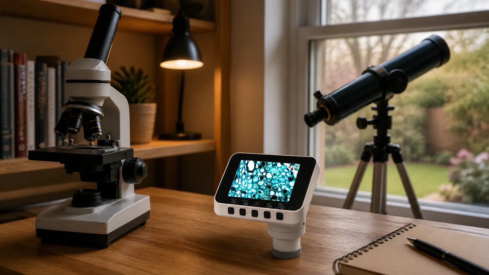 Dual-use electronic eyepiece concept moving between a home microscope and a backyard telescope