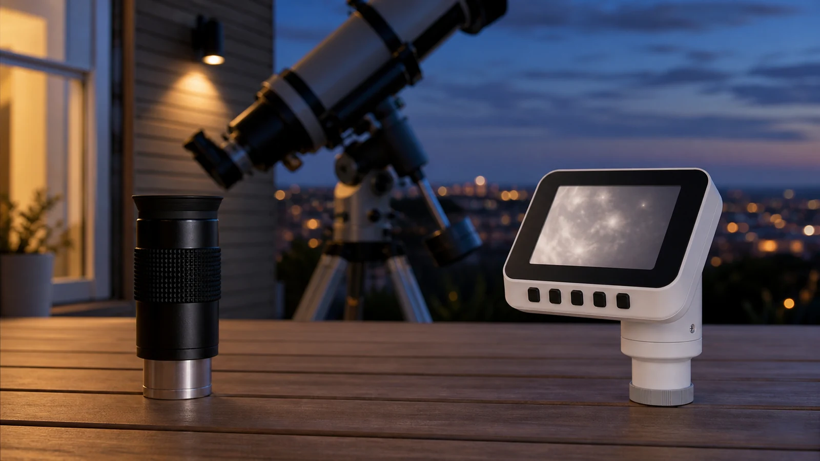 Comparison scene of an optical telescope eyepiece beside a screen-based electronic eyepiece for shared viewing