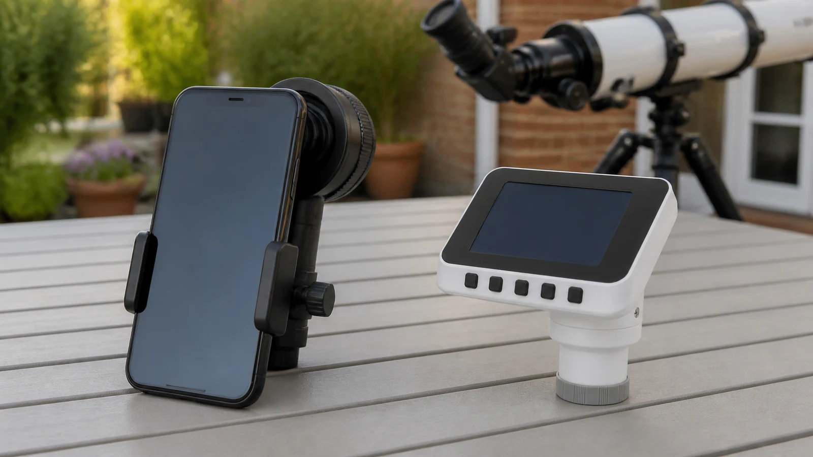 Smartphone telescope adapter compared with a dedicated electronic eyepiece camera on a backyard table