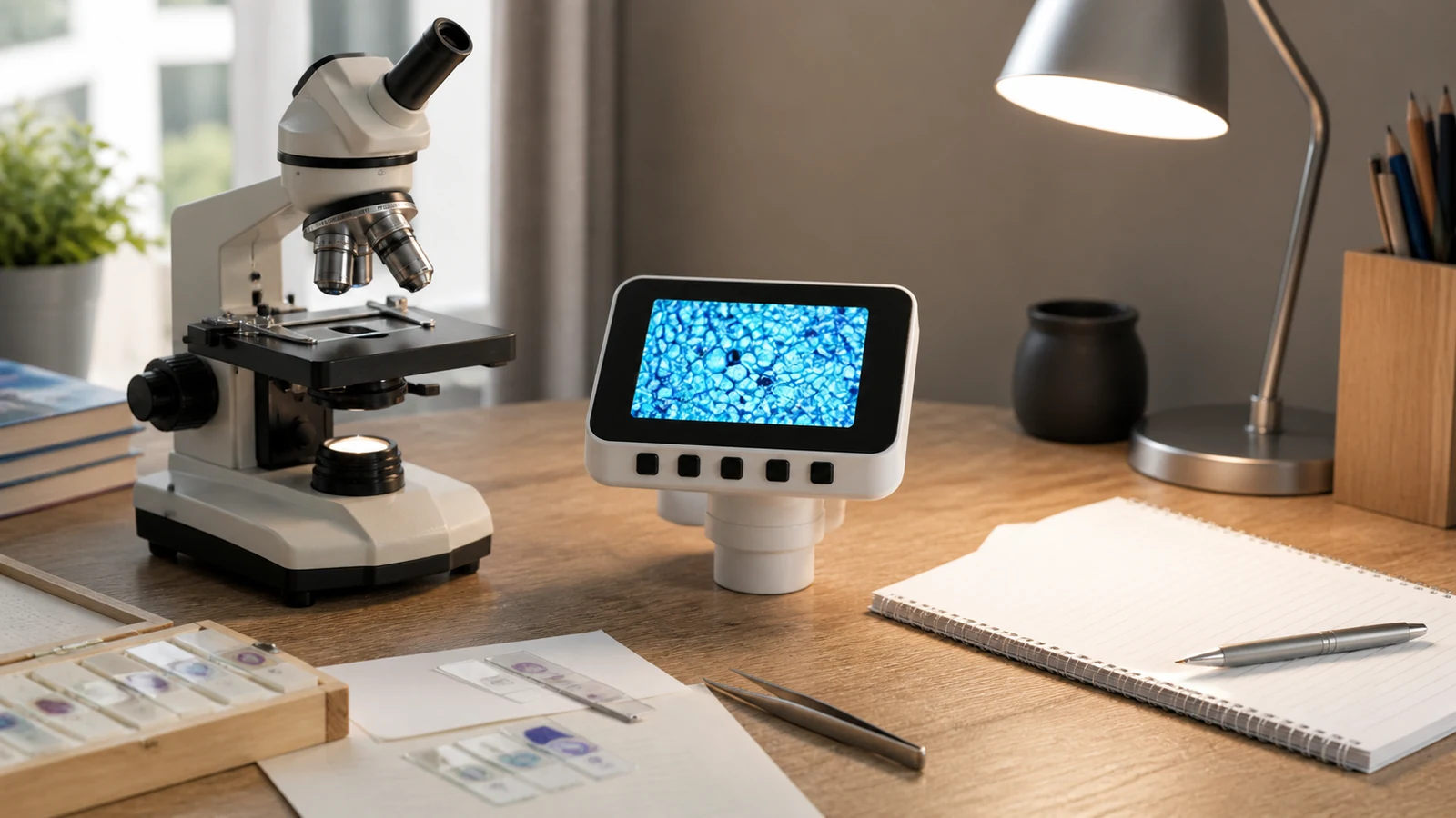 Science-project checklist beside a microscope and digital eyepiece on a home study table